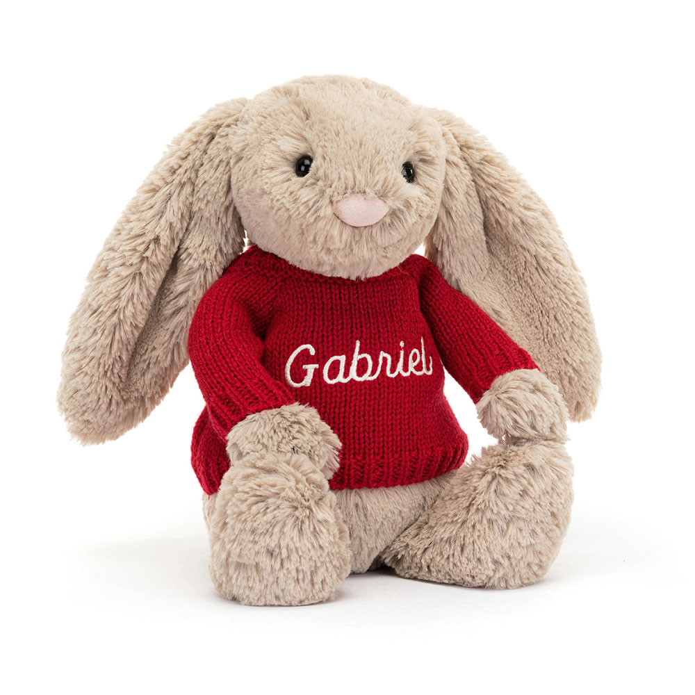 Bashful Beige Bunny with Personalized Red Jumper